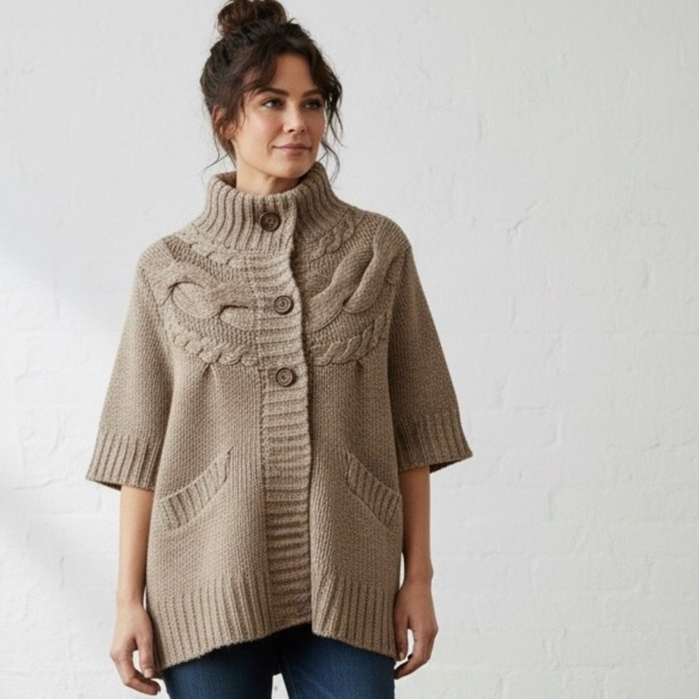 PLENTY Wool Short Sleeve Cable Knit Cardigan, Small, by Propaganda